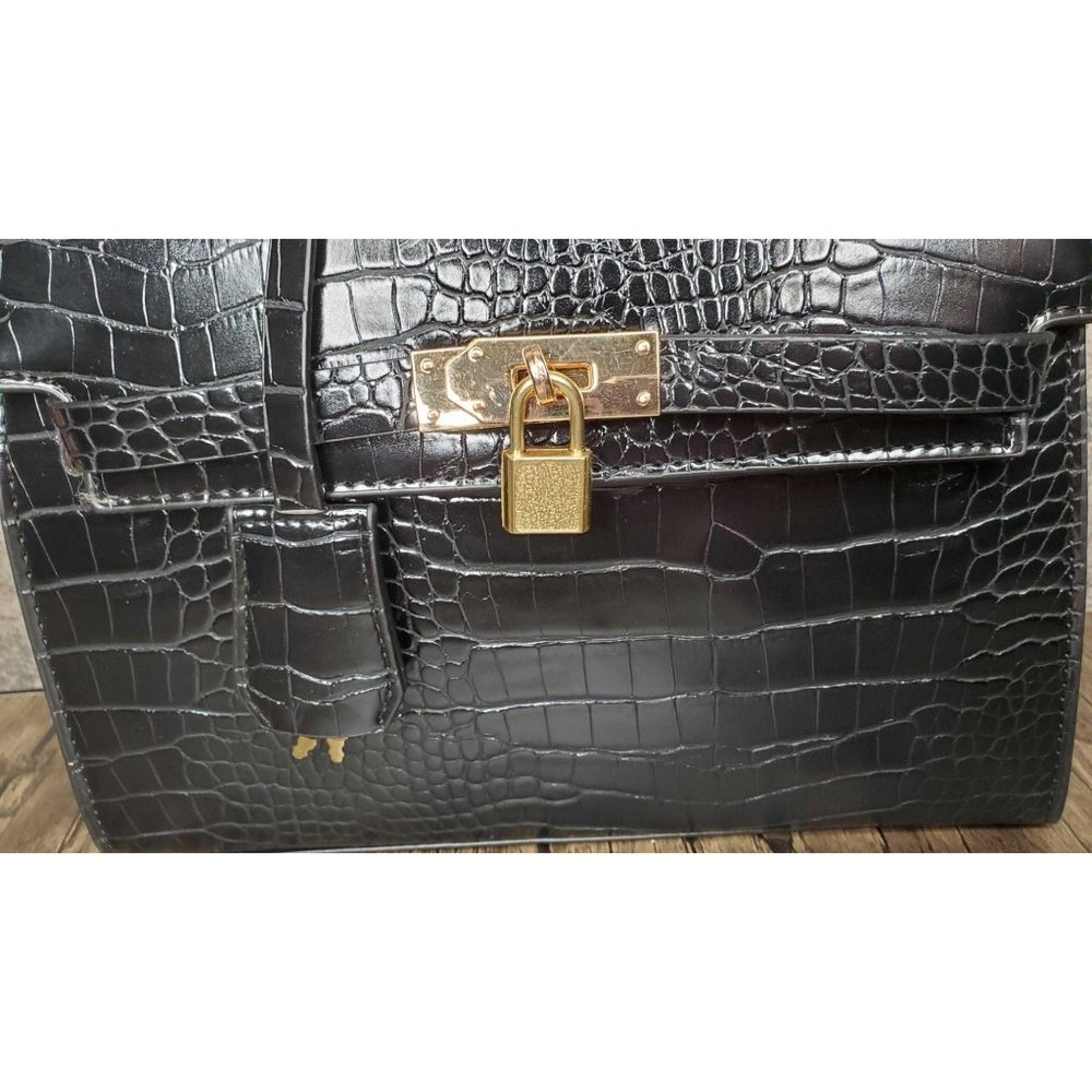KELLY CROC BIRKIN-STYLE BAG MEDIUM BLACK Back in S - Picture 2 of 10